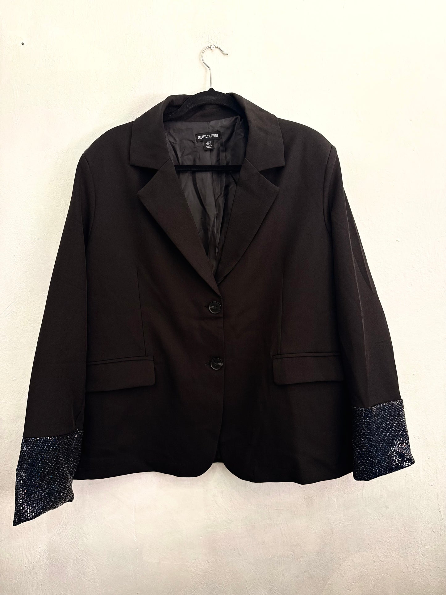 Blazer Pretty Little Thing Negro Manga Brillo Azul Mujer Talla 12 (M)