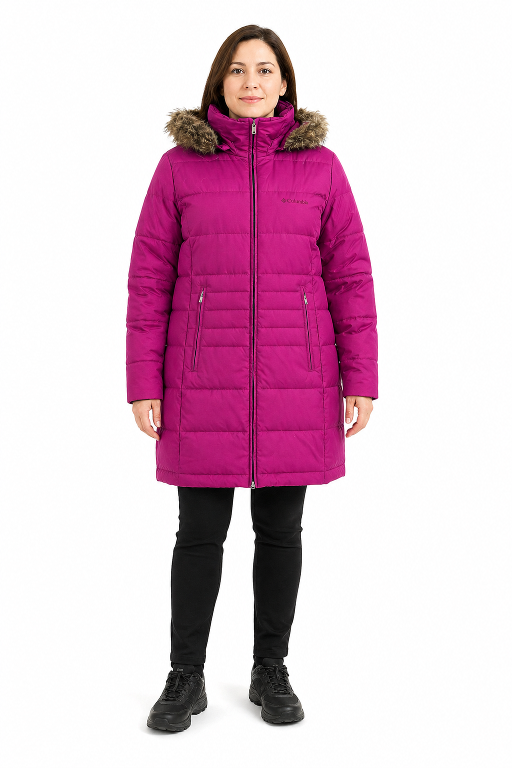 Parka Columbia Pluma Fucsia Oscuro con Gorro Removible Mujer L