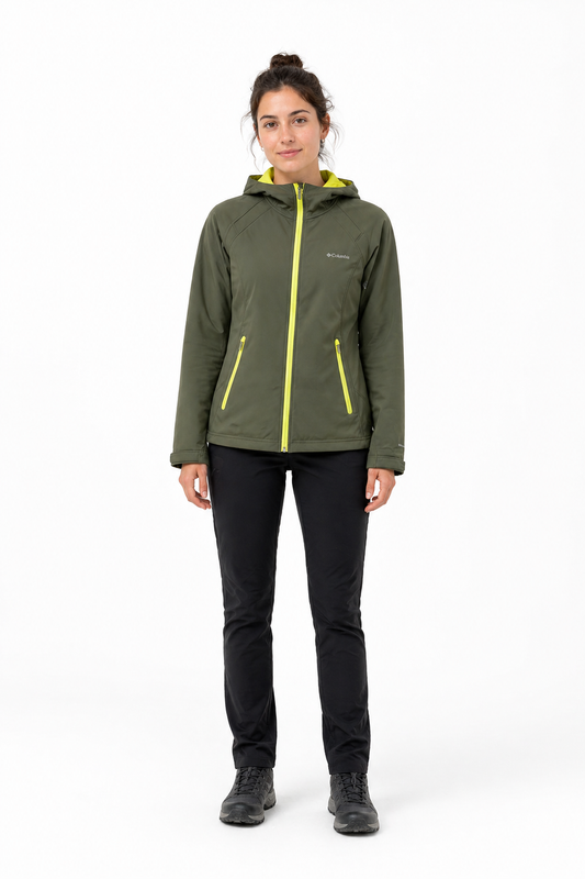 Poleron Cortaviento Columbia OmniWind Verde Con Gorro y Cierre Mujer S